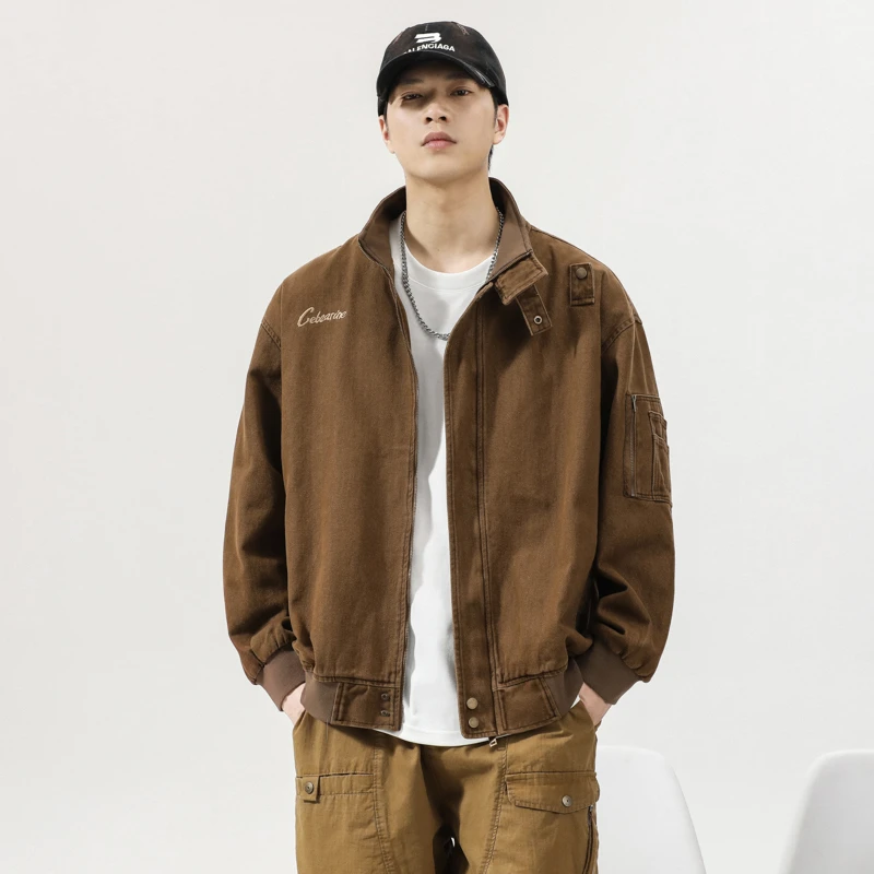 立领男士舒适夹克休闲外套复古宽松撞色工装夹克男装纯色外套上衣