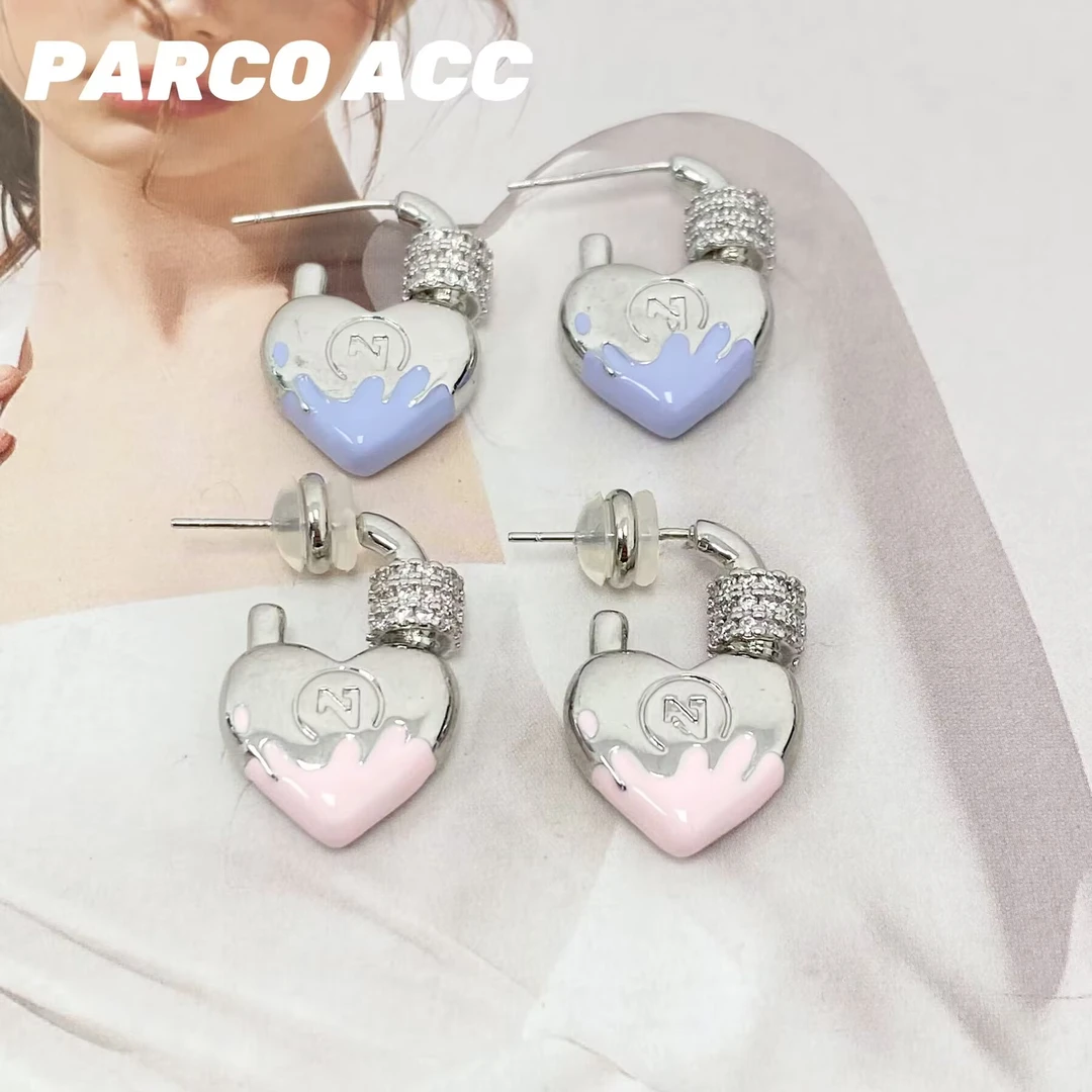 铜合金合成锆石耳饰 H214  都灵同款爱心小锁