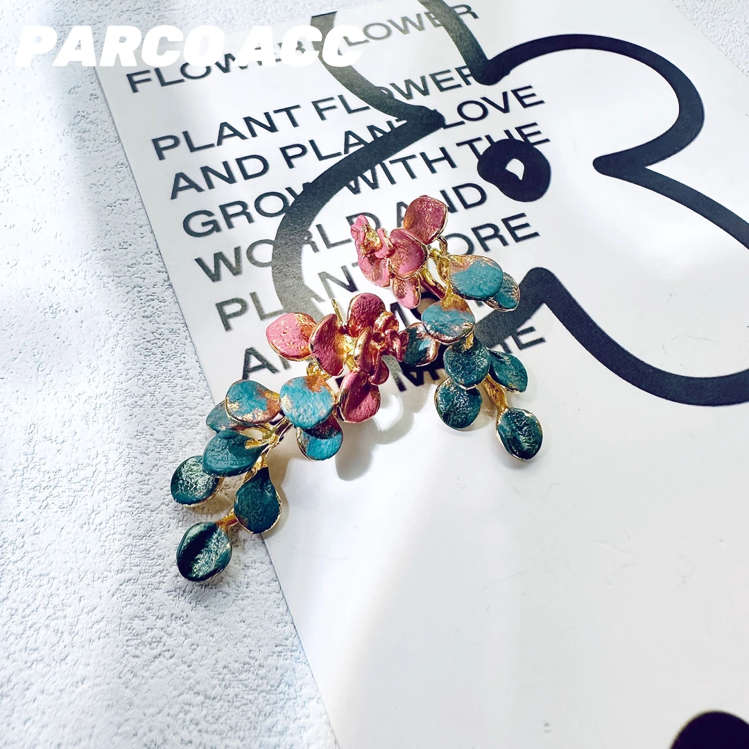 铜合金珐琅耳饰 GP1504 RENE ROCHAS油画粉绿叶耳钉