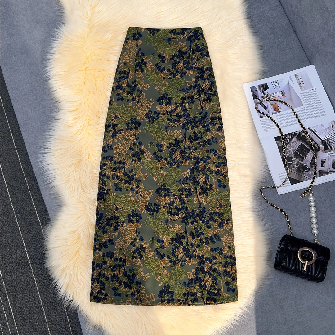 2025时尚显瘦半身裙韩版高级感花色气质后开叉修身A字裙中长款
