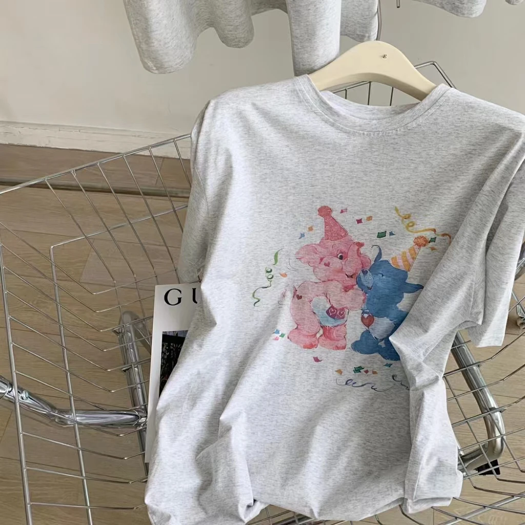 宽松印花圆领卡通纯棉T恤设计感洋气百搭韩系趣味休闲字母爆款