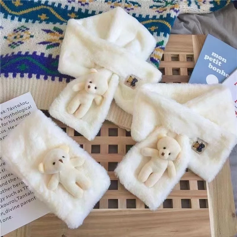 秋冬季毛绒围巾情侣加厚围脖时尚网红交叉百搭小熊围巾毛绒绒韩版