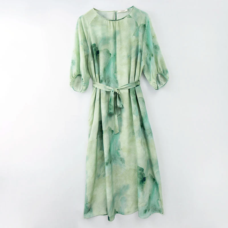 SILVIYE真丝水墨画连衣裙双绉a字裙显瘦气质时尚女士长裙LQC098