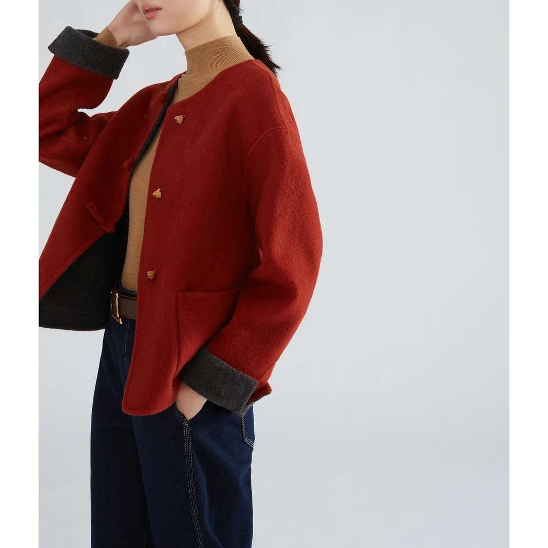 100超细澳毛正反穿 新中式双面呢大衣短气质时尚外套女WTD256