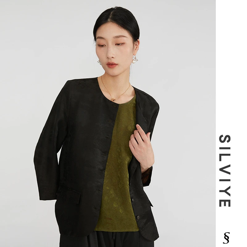 SILVIYE挽袖圆摆设计提花真丝花罗香云纱桑蚕丝开衫外套YSCW005