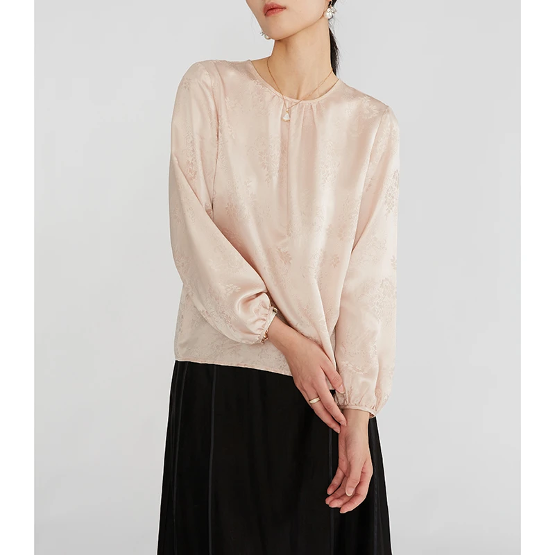 真丝花罗上衣女中式圆领桑蚕丝灯笼袖春夏打底衫SYB057