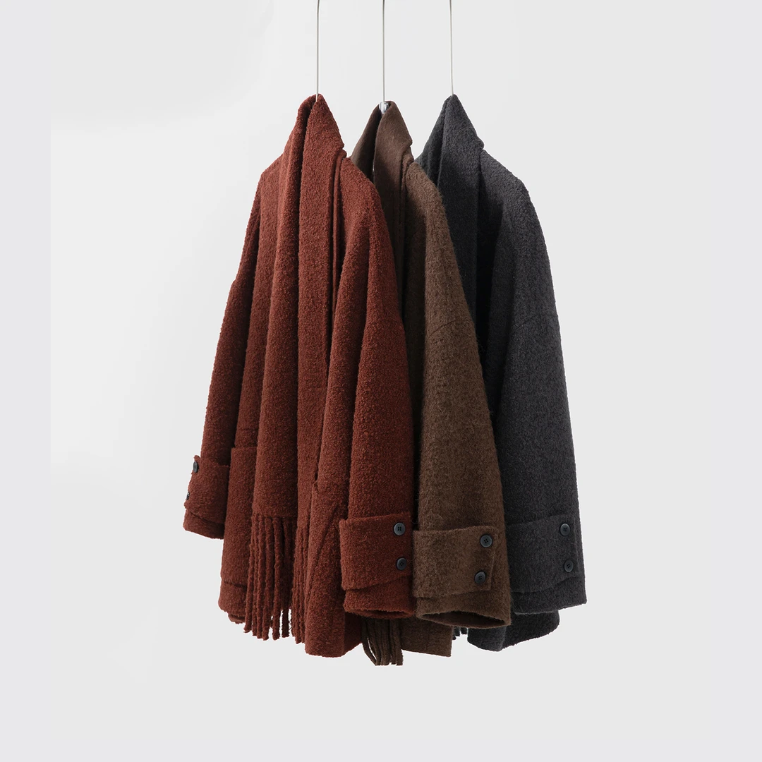 落肩流苏围巾羊驼绒双面羊毛外套真丝毛呢大衣时尚休闲WTD302