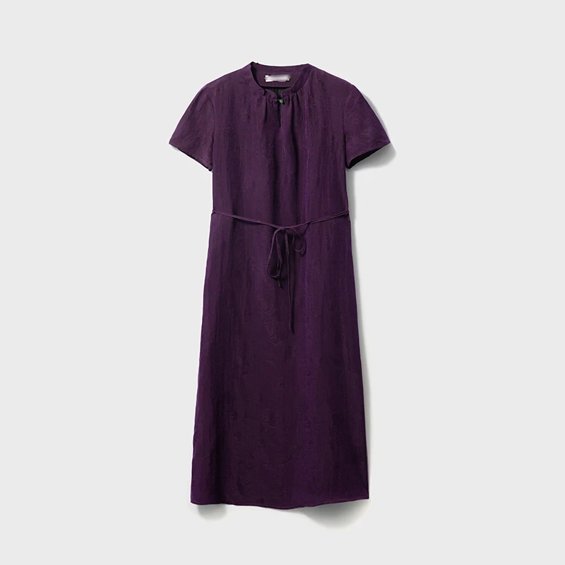 绝美紫色提花香云纱重磅桑蚕丝花萝系带气质真丝连衣裙LQB093