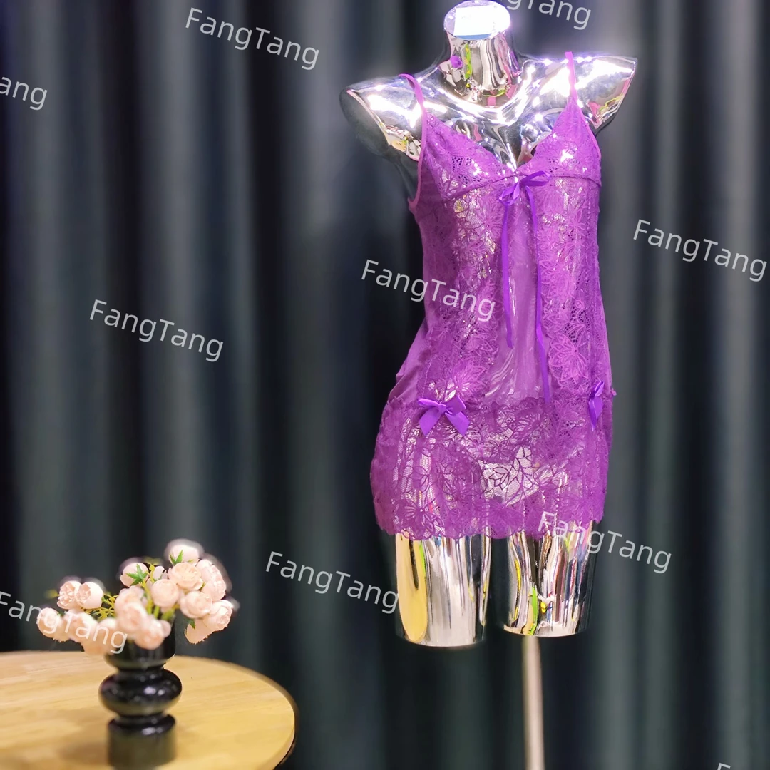 A01长袖包臀辣妹网红透视紫色风情蕾丝纯欲度假风睡裙