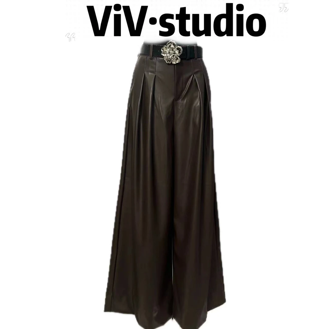 ViVi秋季新款高腰阔腿皮裤