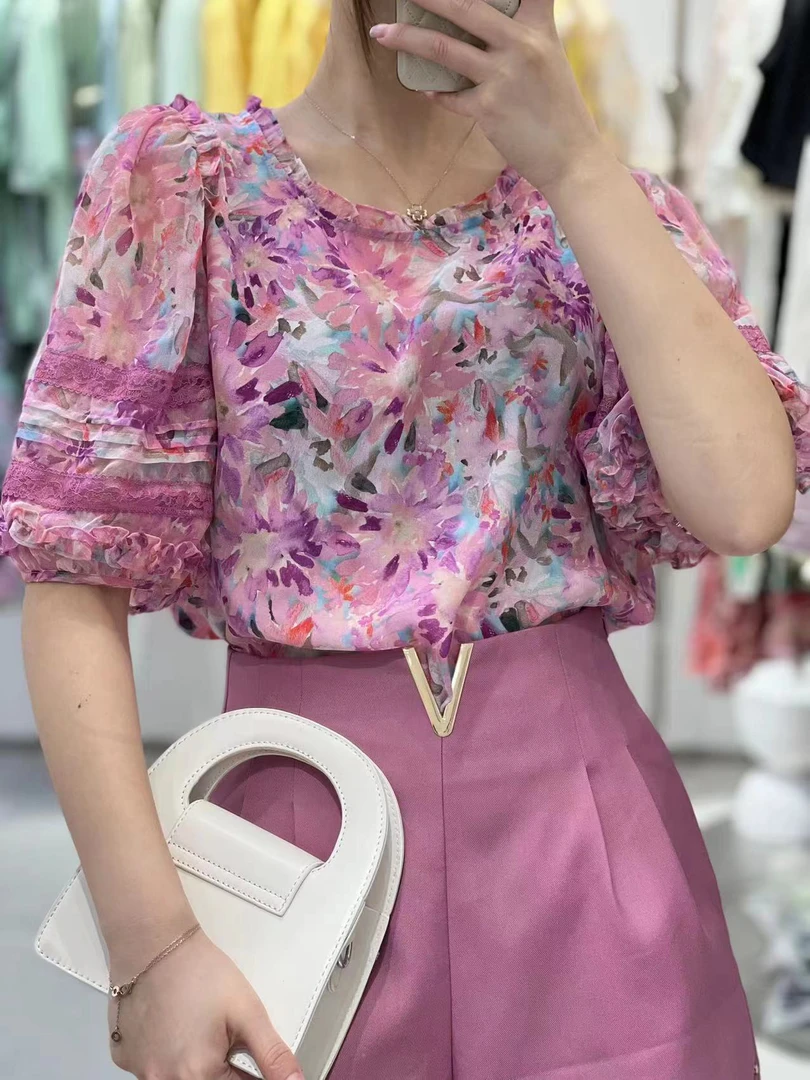 时尚显白碎花真丝短息上衣