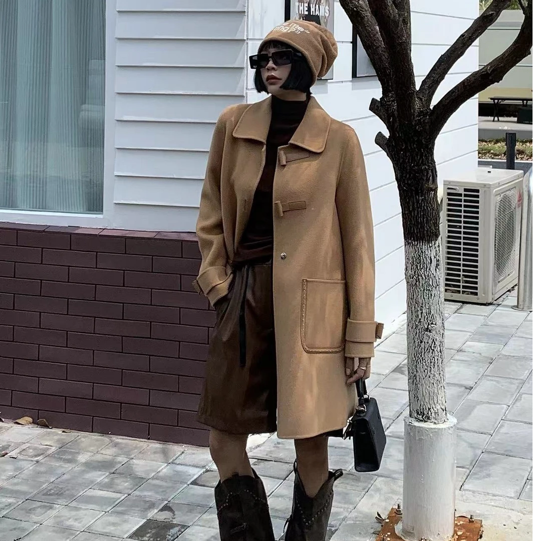 2024秋冬新款双面羊绒大衣女时尚牛角扣宽松版大衣
