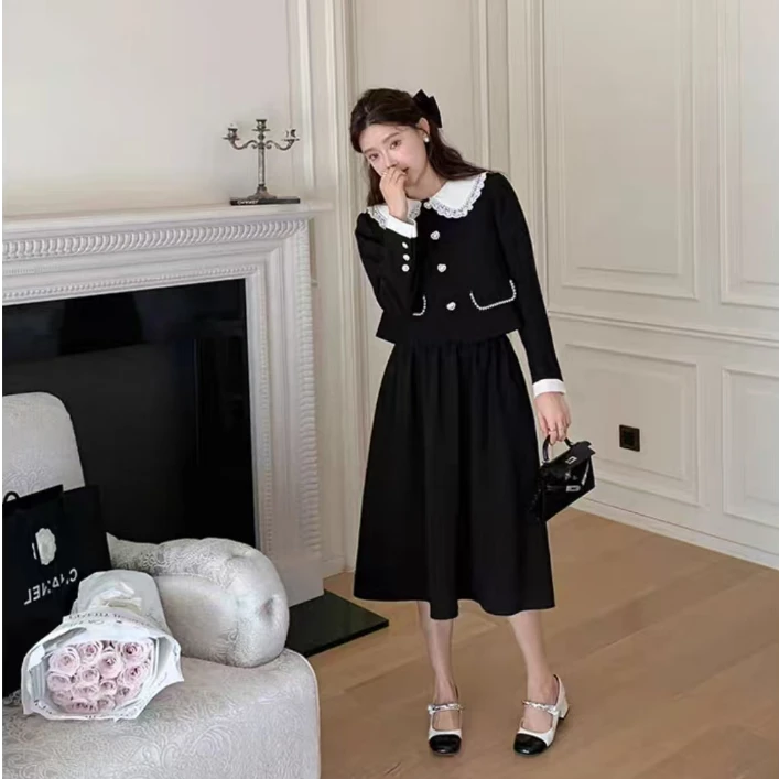 （现货）胖mm温柔娃娃领上衣秋季气质名媛小香风半身裙两件套1572