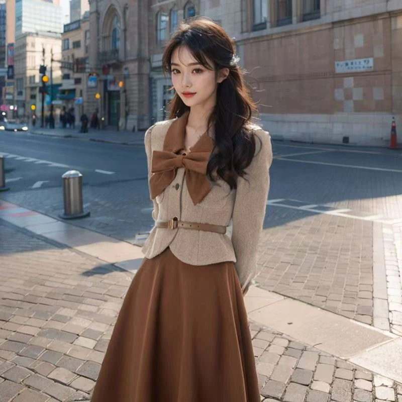 新款春秋法式复古千金风短外套搭配a字半身裙时尚两件套装1659