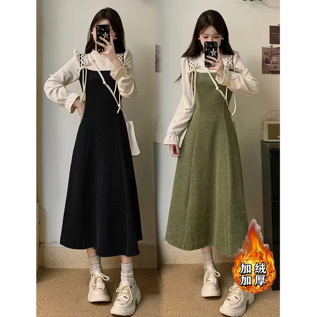 法式新款气质假两件高级感连衣裙收腰显瘦拼接中长款a字裙1677