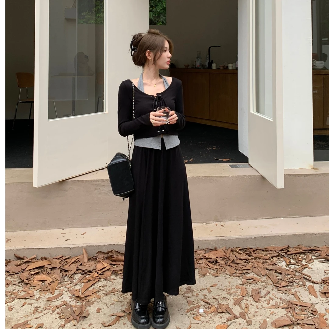 （现货）胖mm短款系带T恤辣妹挂脖背心高腰半身裙时尚三件套1580