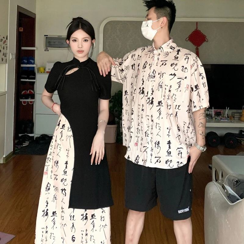 2024夏季情侣装时尚百搭高级感A字裙女套装男短袖翻领衬衫上衣女
