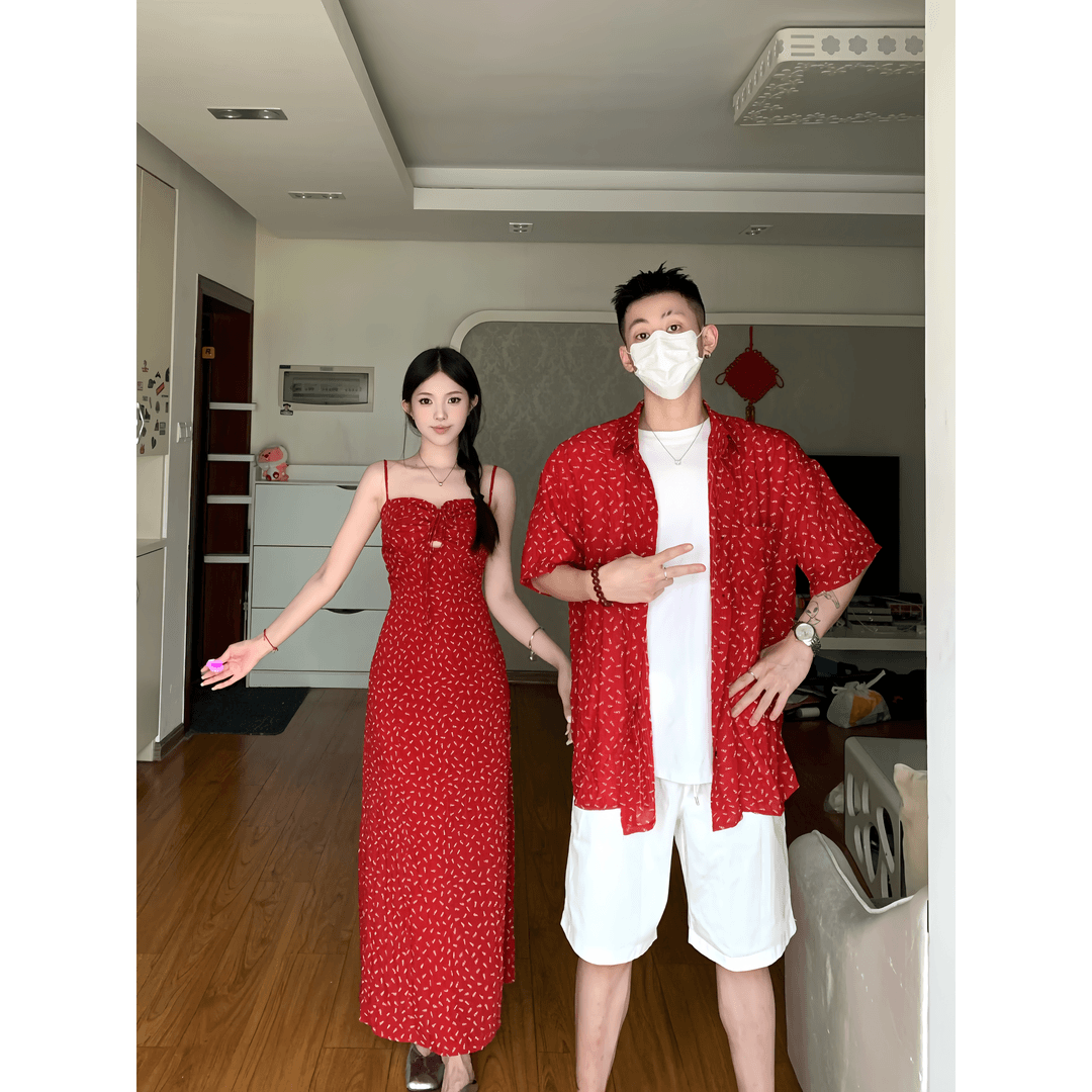 情侣装一衣一裙红色碎花吊带连衣裙女夏季新款性感辣妹修身长裙子