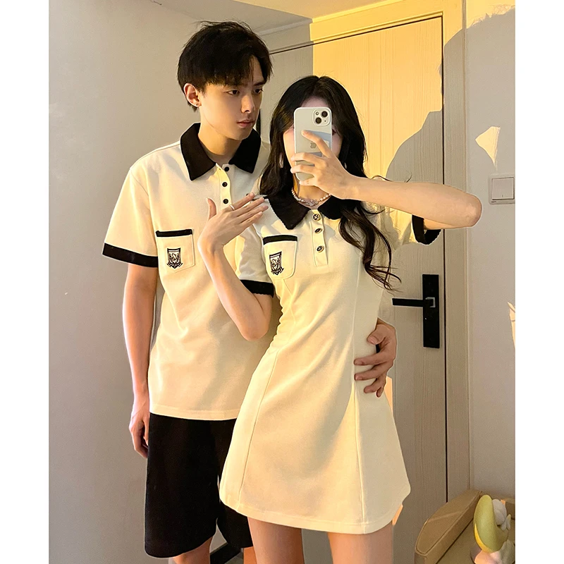 设计感情侣装夏季韩版短袖Polo领学院风连衣裙法式一裙一衣ins潮