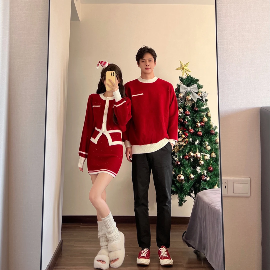 法式情侣装高级感圣诞跨年红色套装毛衣小香风针织短裙显瘦两件套