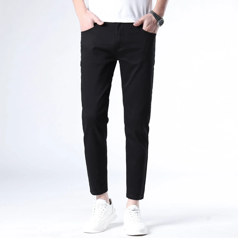 高档九分男式牛仔裤修身小脚裤百搭春夏薄款黑白卡色中年时尚男装