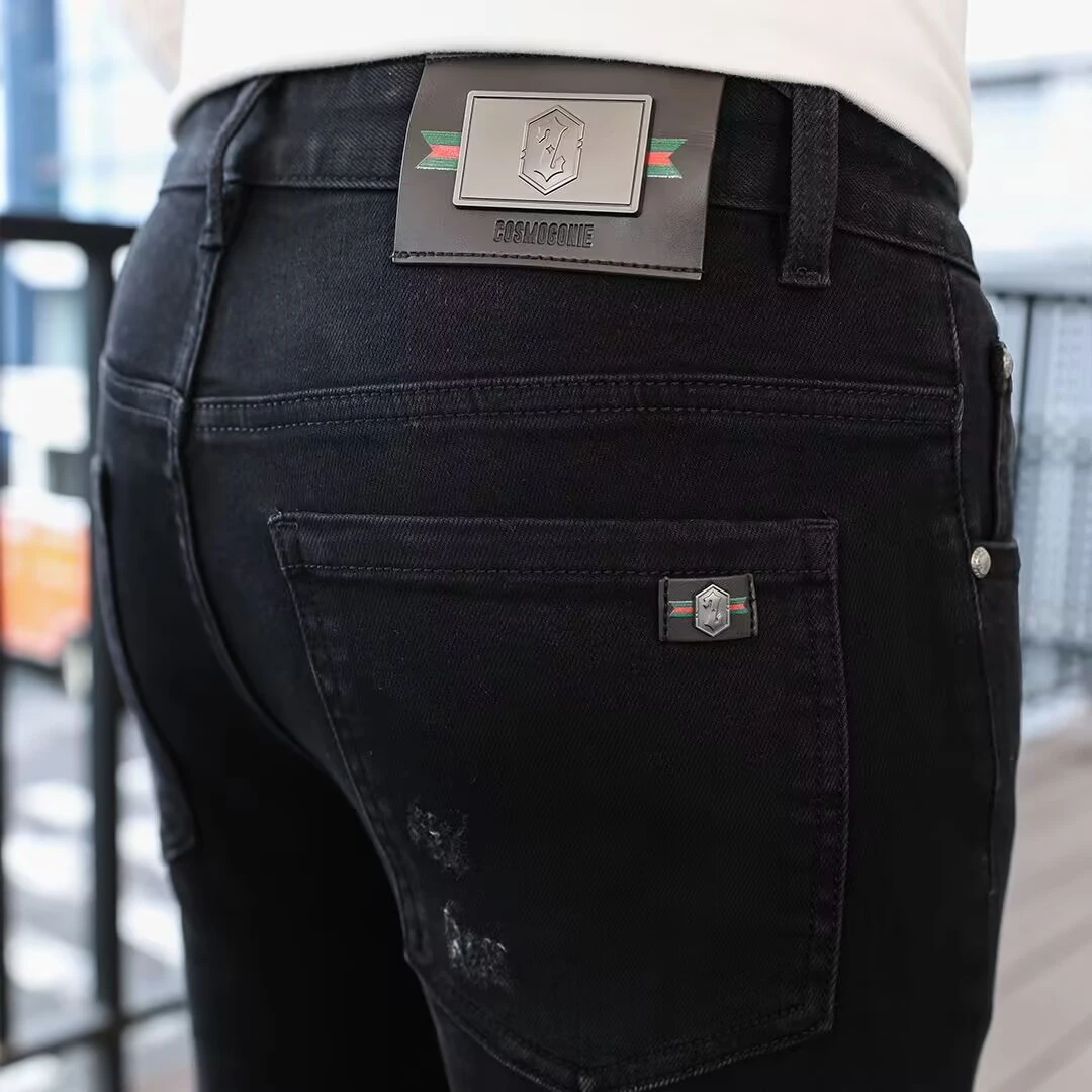 高端新款男士牛仔裤修身小直筒秋款黑色中年男装时尚休闲百搭裤