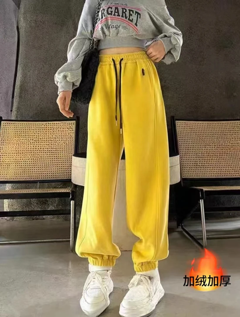 冬季加绒时尚高腰显瘦刺绣小马束脚裤女百搭宽松卫裤小个子休闲裤