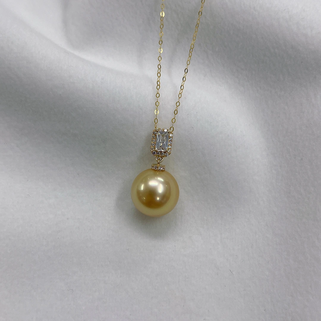 【HH】海水金色珍珠 金珠方糖珍珠吊坠18K金 12-13MM