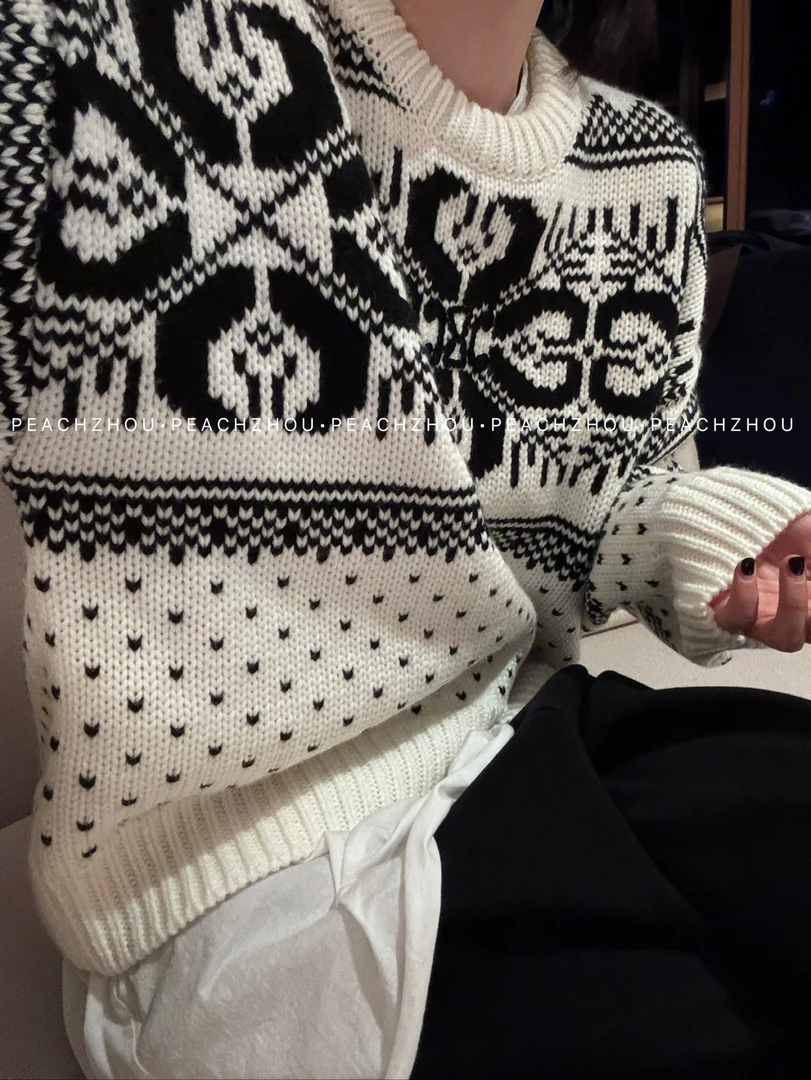 『PEACHZHOU』费尔岛爱心提花羊毛宽松圆领针织衫休闲百搭毛衣女