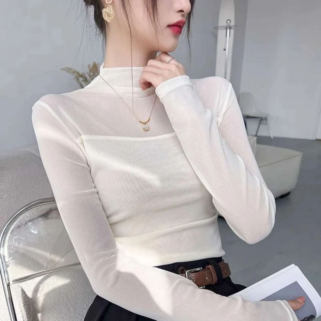 半高领气质打底衫女春秋季洋气修身显瘦长袖网纱拼接T恤女韩版