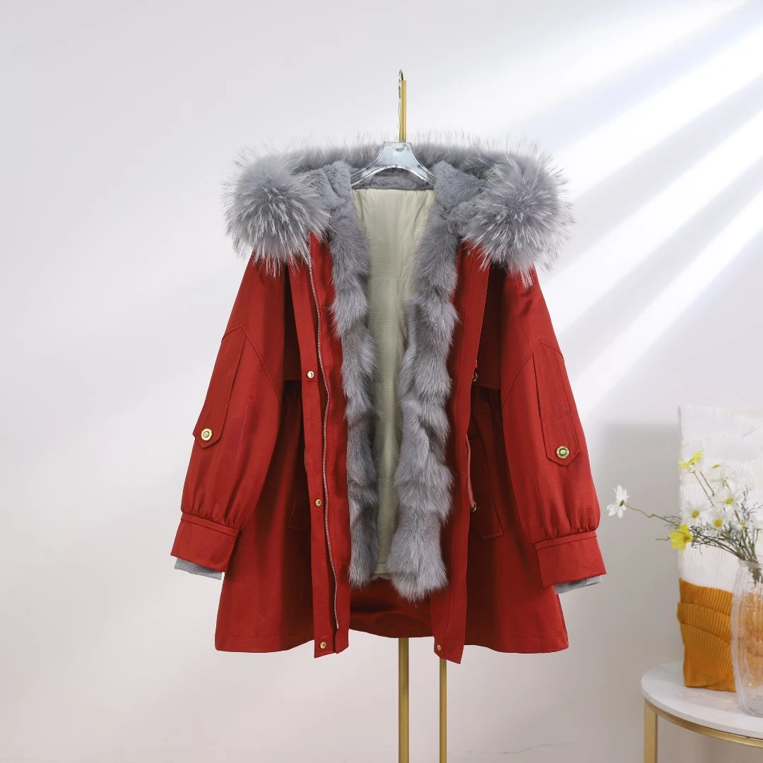 【缪斯女神plus】2024时尚秋冬大毛领冬石墨烯季桑蚕丝派克皮草-s