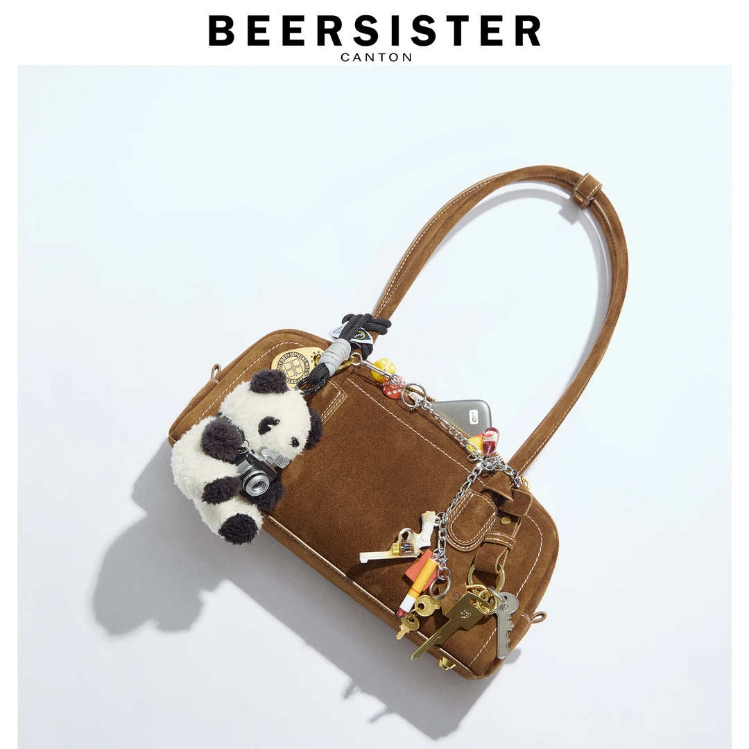 BEERSISTER绒面长形波士顿包 羊绒麂皮配鎏银五金 韩系通勤腋下包