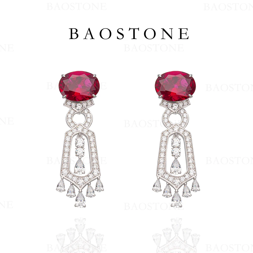BAOSTONE 925银合成锆石耳饰 【流光溢彩耳坠】红色轻奢复古E223