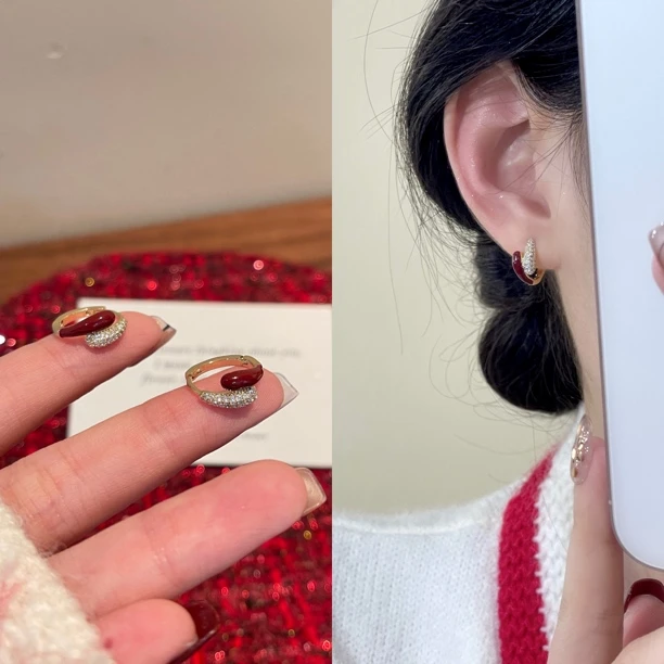 铜合金耳饰 925银针 A-411 重叠C圈微镶撞色红滴釉设计气质耳环