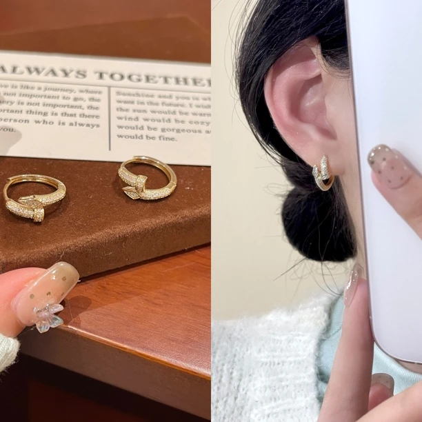 铜合金耳饰 925银针 A-43 微镶时尚T钉重叠百搭气质轻奢C形耳环