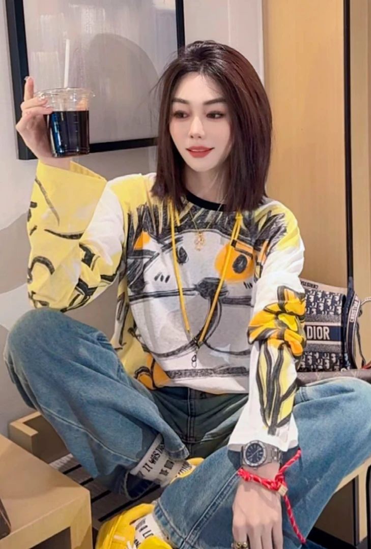 婷老板新款、印花黄色涂鸦长袖T恤777-90