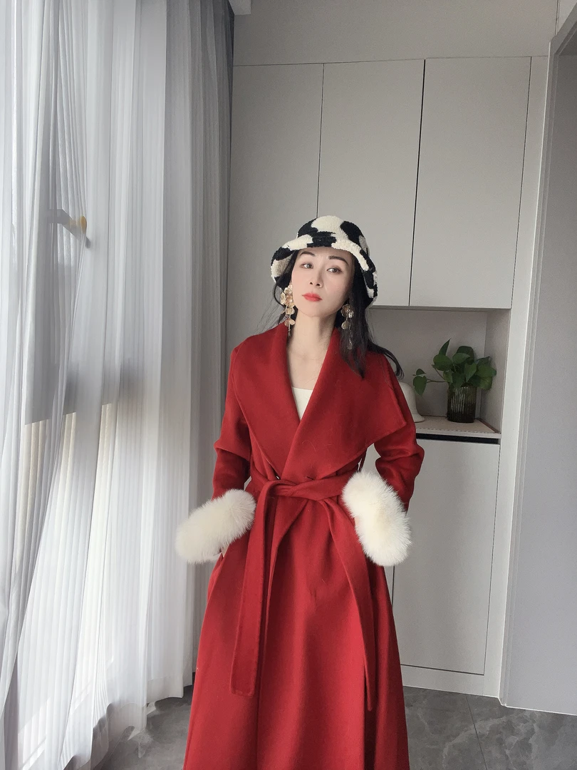 2024秋冬宽松版腰带狐狸毛双面呢羊毛大衣