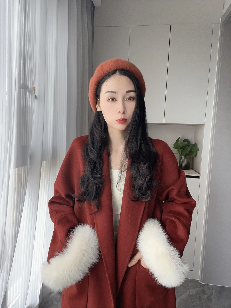 2024秋冬袖口狐狸毛百搭毛双面呢羊毛大衣女