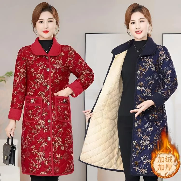 2024新款秋冬妈妈装中长款加绒加厚中老年保暖棉袄大码民族风外套