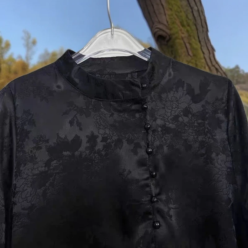 秋季重磅立体浮雕立领宽松气质冰凉感时尚减龄显瘦显白百搭衬衫女