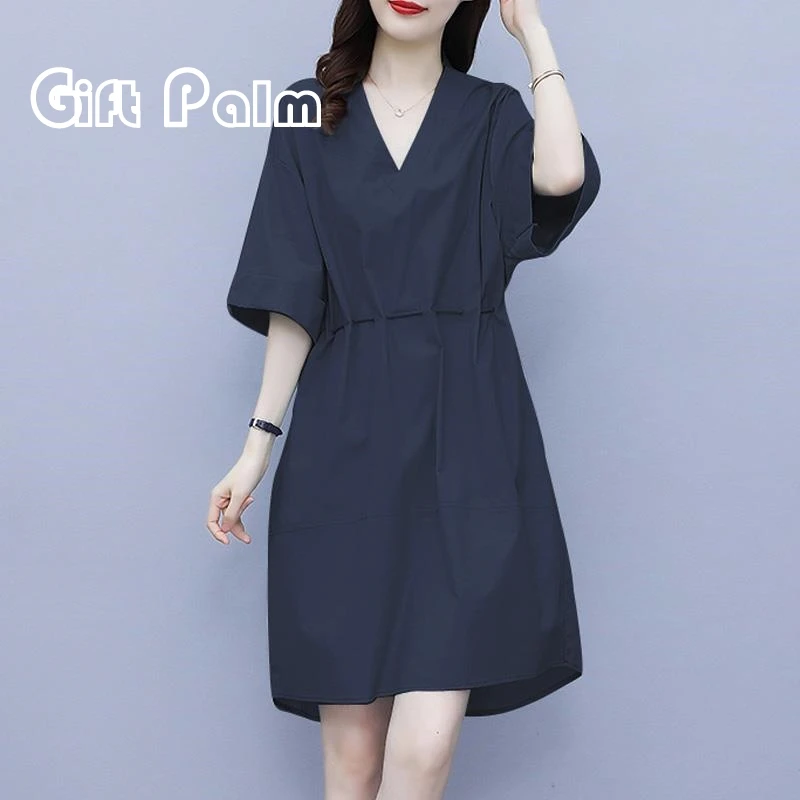 GiftPalm时尚大码女夏宽松遮肚子连衣裙洋气胖MM宽松腰系带中长裙