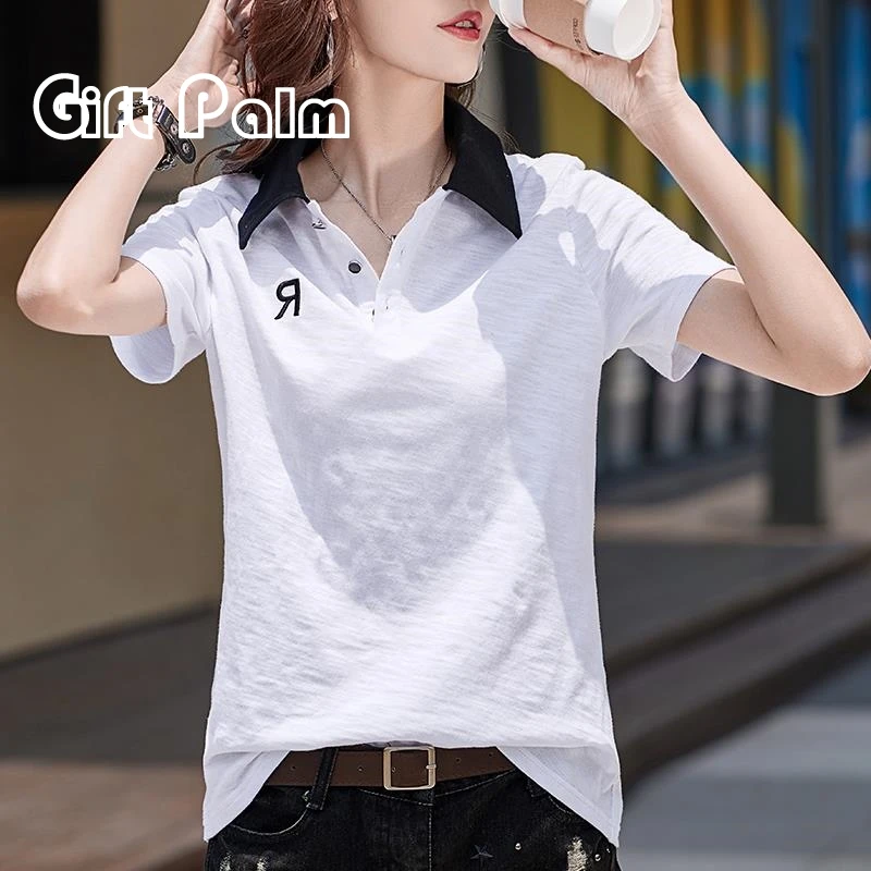 GiftPalm短袖t恤女宽松带领翻领纯棉刺绣夏季polo领上衣半袖丅恤