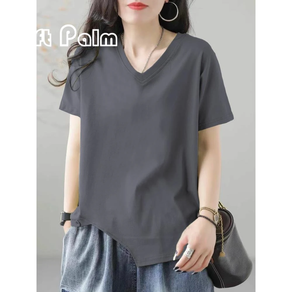 GiftPalm夏季显瘦V领恤体衫大码短袖女生宽松文艺印花上衣搭今年