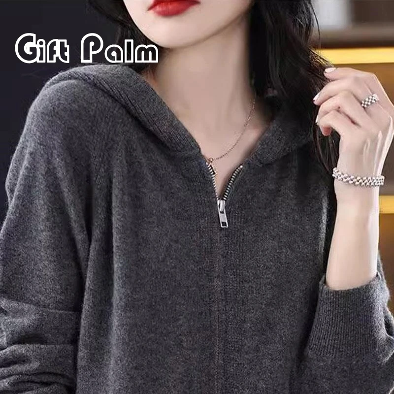 胖mm大码女装秋冬女连帽双拉链外套针织毛衣