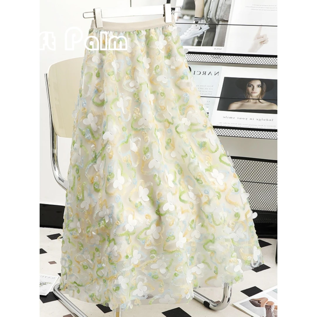 GiftPalm立体蝴蝶仙女重工网纱裙半身裙夏季中长款碎花百褶a字裙