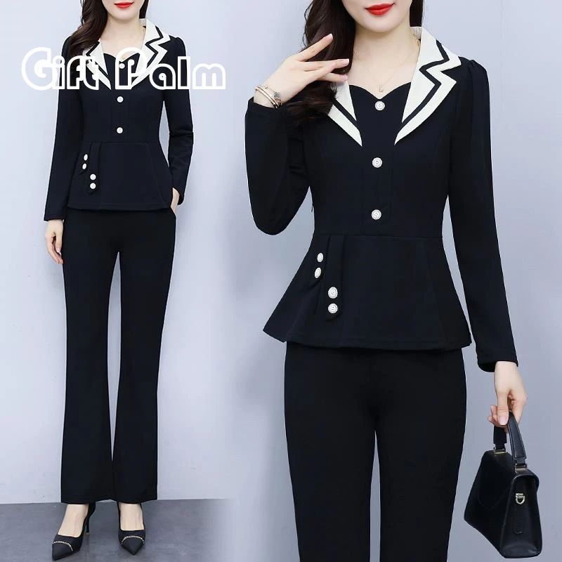 GiftPalm大码时尚女2024秋新款胖mm西装领拼接上衣休闲裤两件套装