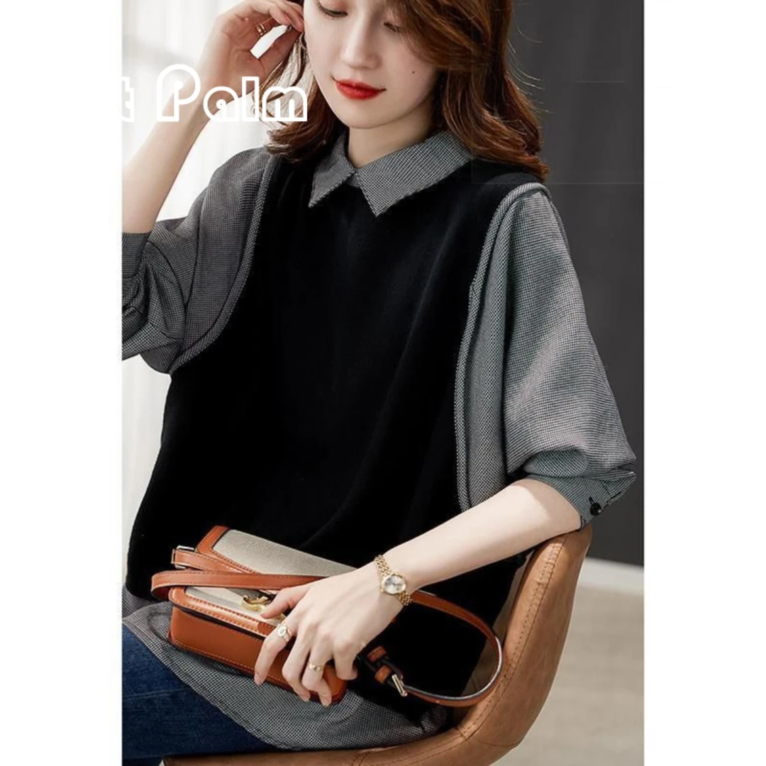 GiftPalm2024春秋新款假两件宽松显瘦娃娃领格子拼接卫衣衬衫上衣