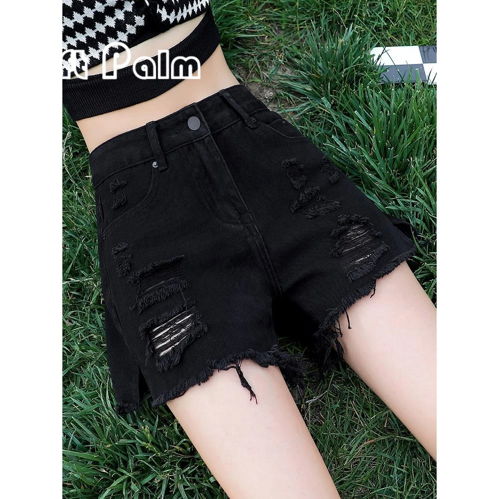 GiftPalm黑色高腰破洞牛仔短裤女2024年夏季薄款宽松阔腿显瘦热裤