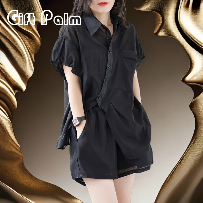 GiftPalm显瘦棉麻套装女夏休闲短袖季大码胖mm巨遮肉夏两件套短裤