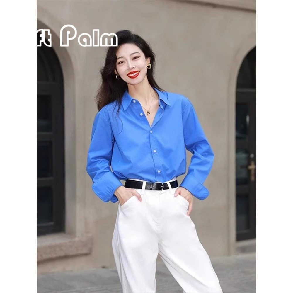 GiftPalm2024春秋装新款独特别致上衣女显瘦气质衬衣克莱因蓝衬衫